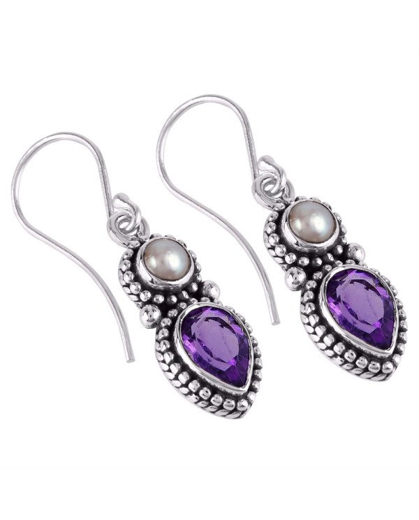 Jewelry from India Pearl and Amethyst Solid Silver Dangle Earring