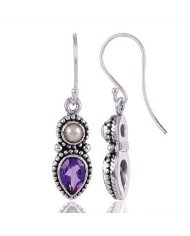 Jewelry from India Pearl and Amethyst Solid Silver Dangle Earring