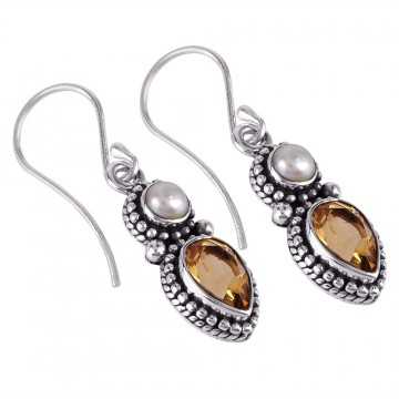 Cheap Jewelry Pearl and Citrine Gemstone Drop Dangle Earring Silver