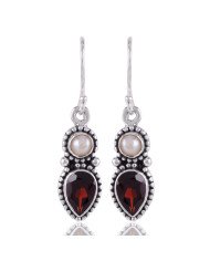 White Pearl and Garnet Silver gemstone Drop Dangle Cheap Earring