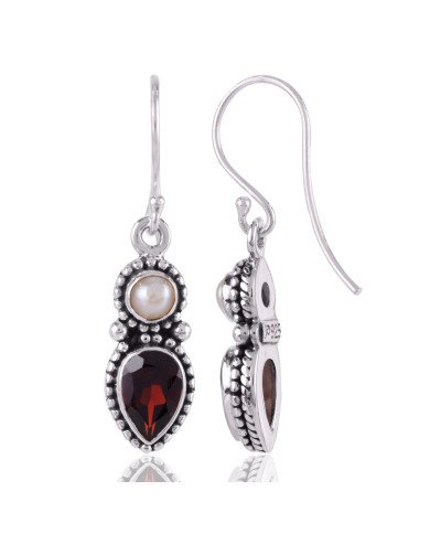 White Pearl and Garnet Silver gemstone Drop Dangle Cheap Earring