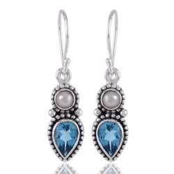 Evergreen Blue Topaz BT and Pearl Blue Gemstone Earrings 925 Silver