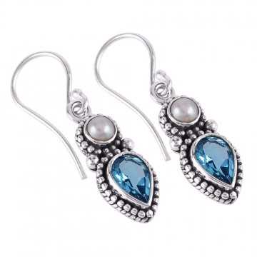 Evergreen Blue Topaz BT and Pearl Blue Gemstone Earrings 925 Silver