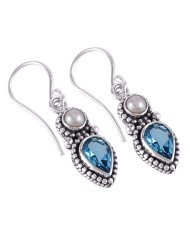 Evergreen Blue Topaz BT and Pearl Blue Gemstone Earrings 925 Silver