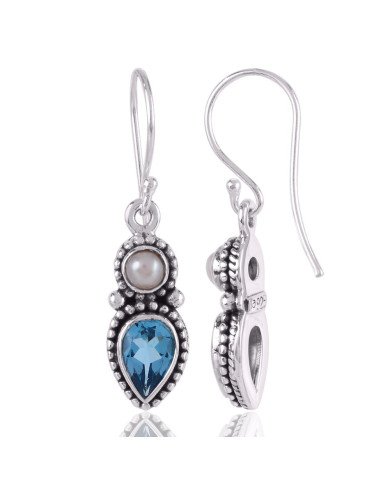 Evergreen Blue Topaz BT and Pearl Blue Gemstone Earrings 925 Silver