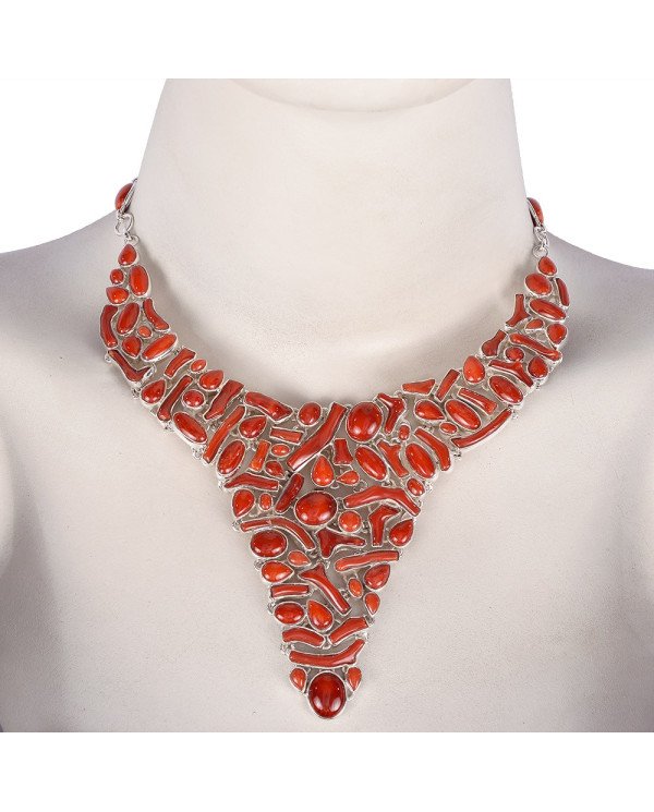 Coral Solid Silver Bib Necklace Red Coral Large Choker Necklace