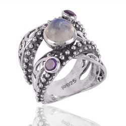 Rainbow Moonstone and Amethyst 925 Solid Sterling Silver Ring