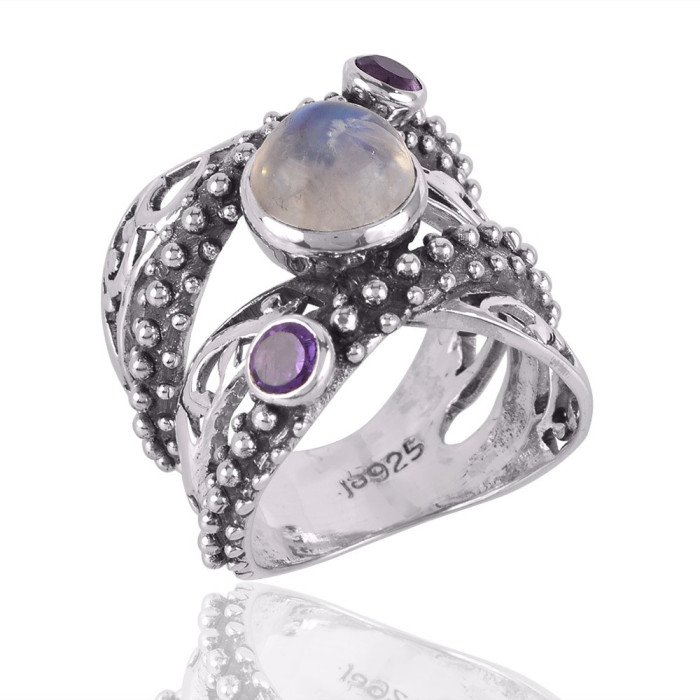 Rainbow Moonstone and Amethyst 925 Solid Sterling Silver Ring