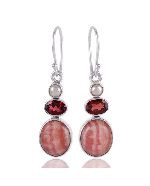 Rhodocrosite Pearl and Garnet 925 Silver small earrings for women