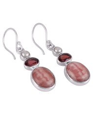 Rhodocrosite Pearl and Garnet 925 Silver small earrings for women