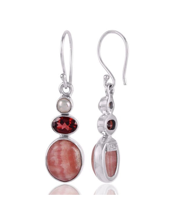 Rhodocrosite Pearl and Garnet 925 Silver small earrings for women