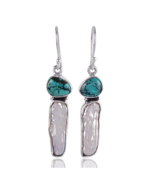 natural stone earrings Turquoise Biwa Pearl Solid Silver Earring