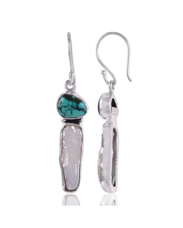 natural stone earrings Turquoise Biwa Pearl Solid Silver Earring