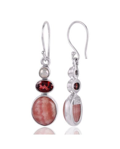 Rhodocrosite Pearl and Garnet 925 Silver small earrings for women