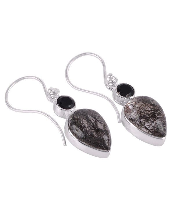 Rutilated Quartz Rutile Black Onyx Silver Earring Black Stone Earring