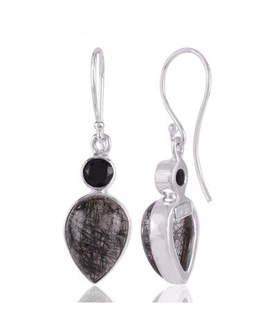Rutilated Quartz Rutile Black Onyx Silver Earring Black Stone Earring