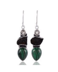 Moldavite Malachite Silver Dangle Earrings Green Stone Earrings
