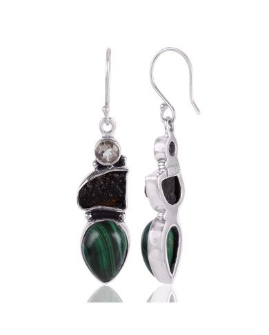 Moldavite Malachite Silver Dangle Earrings Green Stone Earrings