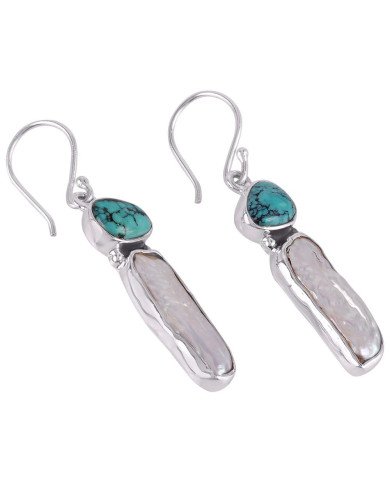 natural stone earrings Turquoise Biwa Pearl Solid Silver Earring