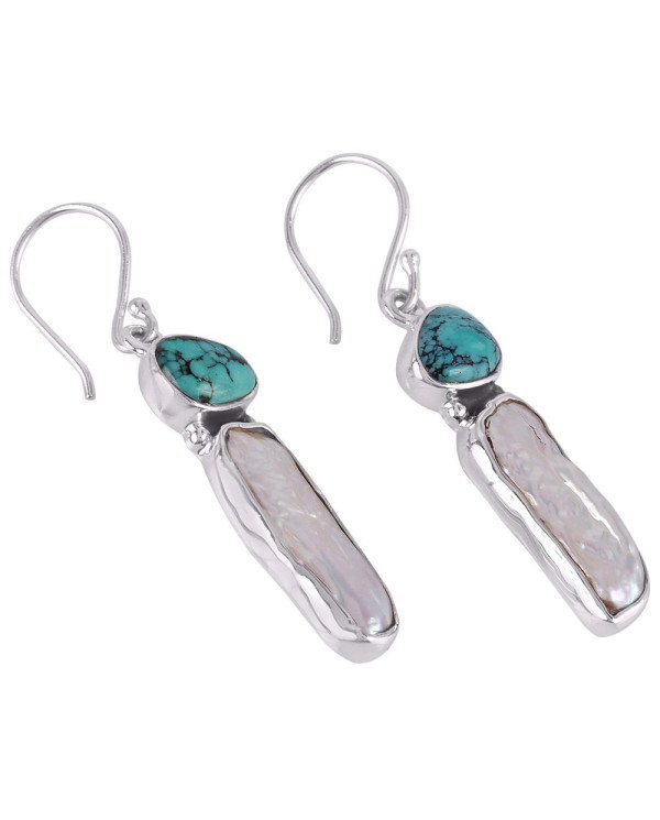 natural stone earrings Turquoise Biwa Pearl Solid Silver Earring
