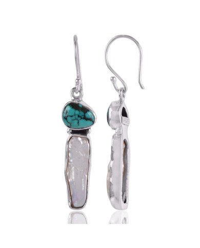 natural stone earrings Turquoise Biwa Pearl Solid Silver Earring