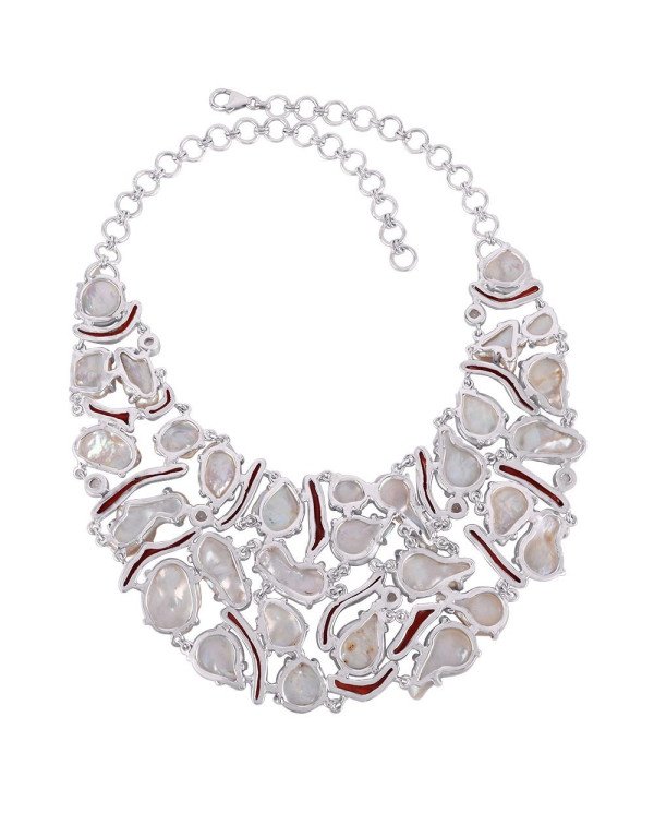 Bamboo Corol Natural Baroque Pearl Solid Silver Bib Necklace