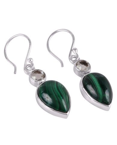 green stone earrings Malachite Prasiolite Gemstone Drop Dangle Silver