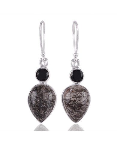 Rutilated Quartz Rutile Black Onyx Silver Earring Black Stone Earring