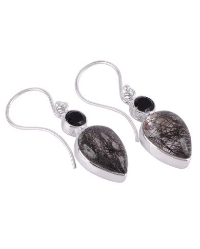 Rutilated Quartz Rutile Black Onyx Silver Earring Black Stone Earring