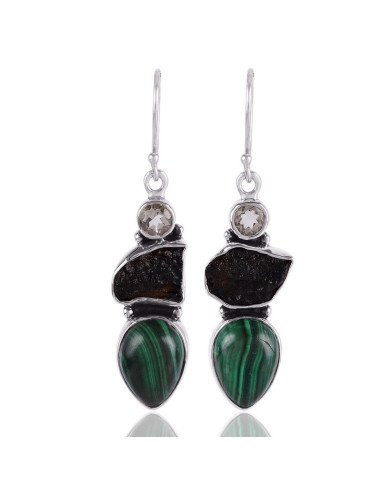Moldavite Malachite Silver Dangle Earrings Green Stone Earrings