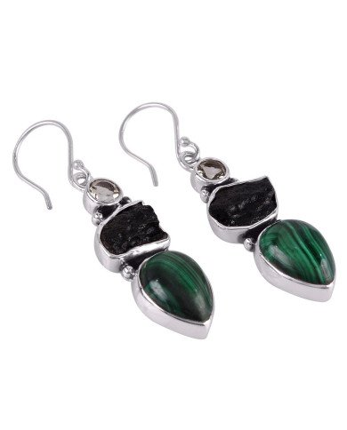 Moldavite Malachite Silver Dangle Earrings Green Stone Earrings
