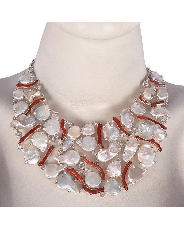Bamboo Corol Natural Baroque Pearl Solid Silver Bib Necklace