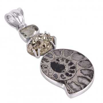 Pyrite Ammonite and Prasiolite Silver Artisan Pendant Locket