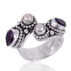 Amethyst and Pearl Gemstone Designer Sterling Silver Open Ring