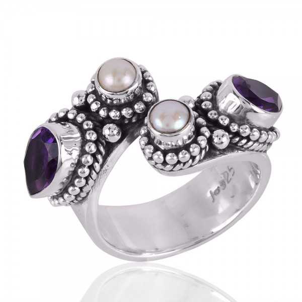 Amethyst and Pearl Gemstone Designer Sterling Silver Open Ring
