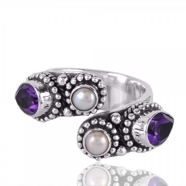 Amethyst and Pearl Gemstone Designer Sterling Silver Open Ring
