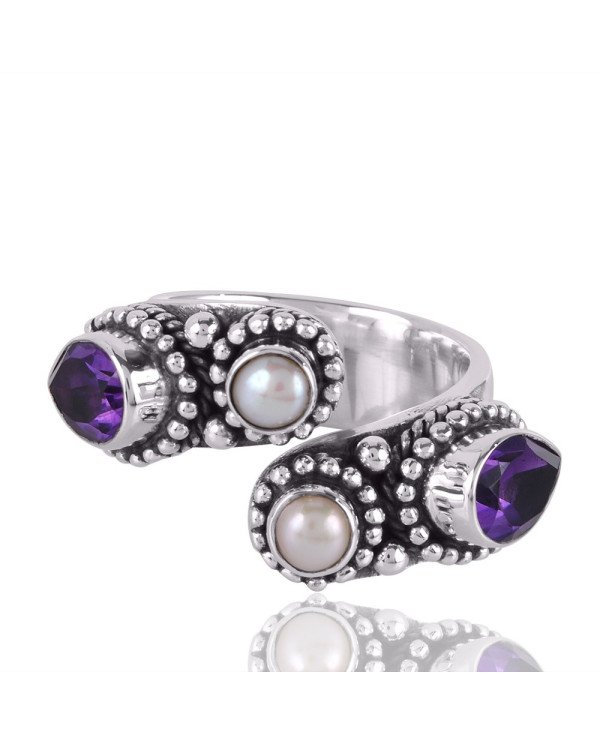 Amethyst and Pearl Gemstone Designer Sterling Silver Open Ring