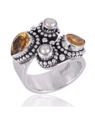 Citrine and Pearls Gemstone 925 Solid Sterling Silver Women Ring