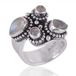 Rainbow Moonstone Gemstone 925 Solid Sterling Silver Open Ring
