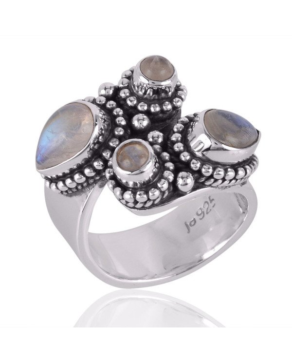 Rainbow Moonstone Gemstone 925 Solid Sterling Silver Open Ring