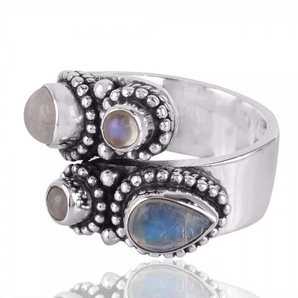 Rainbow Moonstone Gemstone 925 Solid Sterling Silver Open Ring
