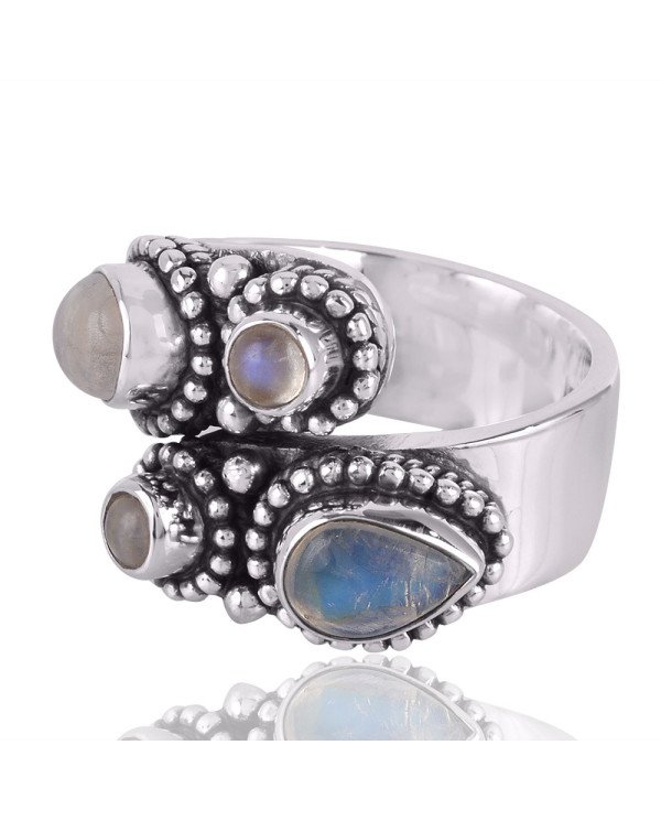 Rainbow Moonstone Gemstone 925 Solid Sterling Silver Open Ring