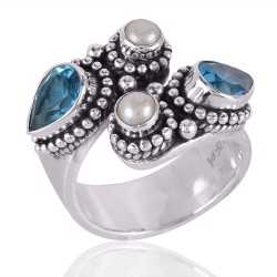 Blue Topaz and Pearl 925 Solid Sterling Silver Open Ring