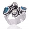 Blue Topaz and Pearl 925 Solid Sterling Silver Open Ring