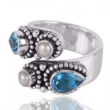 Blue Topaz and Pearl 925 Solid Sterling Silver Open Ring