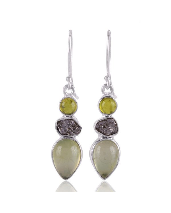 Idocarse Meteorite and Prehnite Silver Dangle Earring