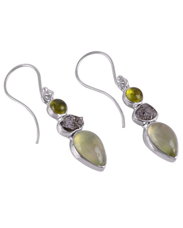 Idocarse Meteorite and Prehnite Silver Dangle Earring