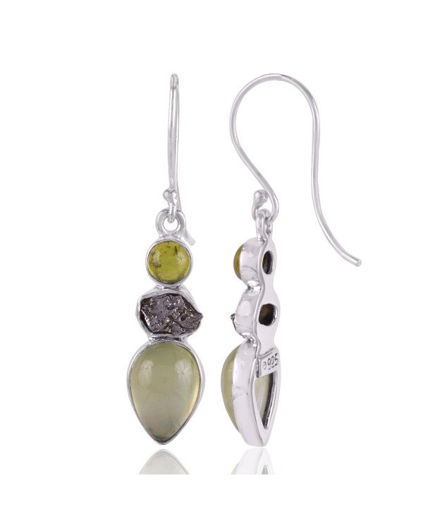 Idocarse Meteorite and Prehnite Silver Dangle Earring