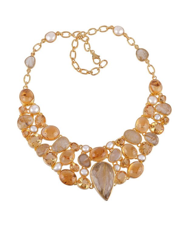 Rutilated Quartz Rutile Citrine and Pearl Gold Plated Silver Yellow Necklace