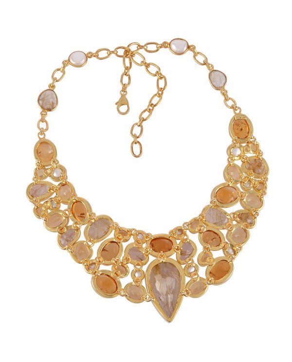 Rutilated Quartz Rutile Citrine and Pearl Gold Plated Silver Yellow Necklace